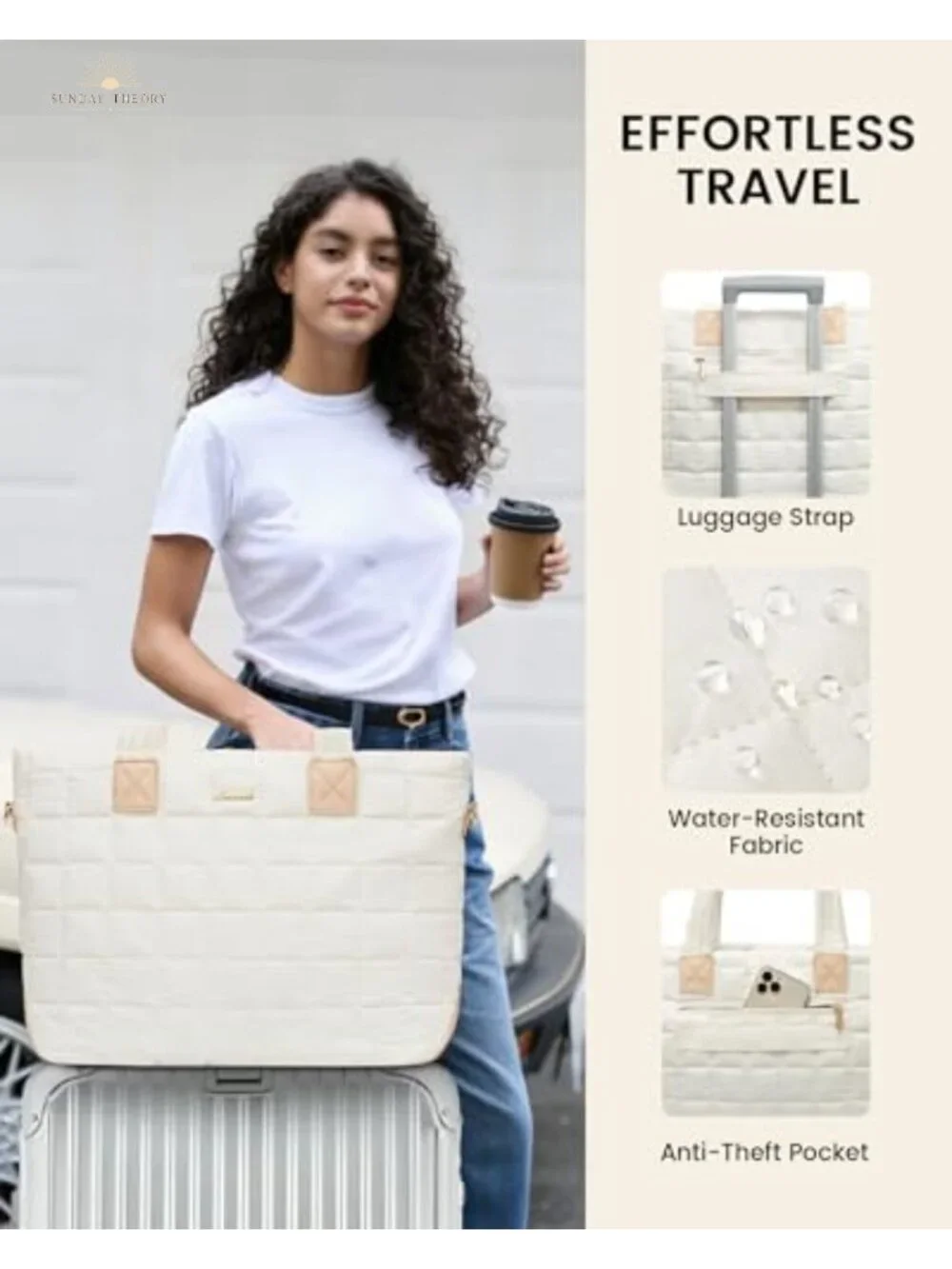 Quilted Vegan Leather Laptop Tote Bag with Zipper, Lightweight Work Bag